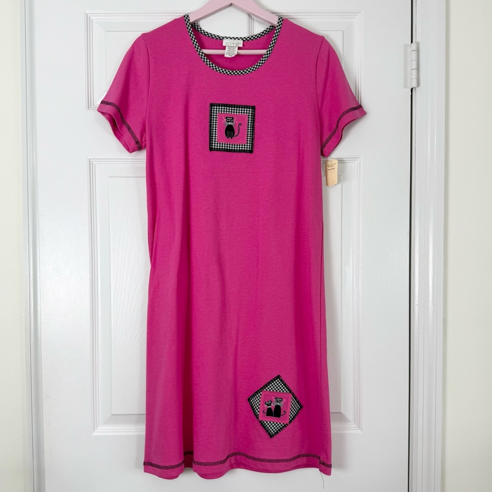 NWT CITE Black Cat Gingham Trim Pink Novelty Knit T-Shirt Dress Size XS Petite